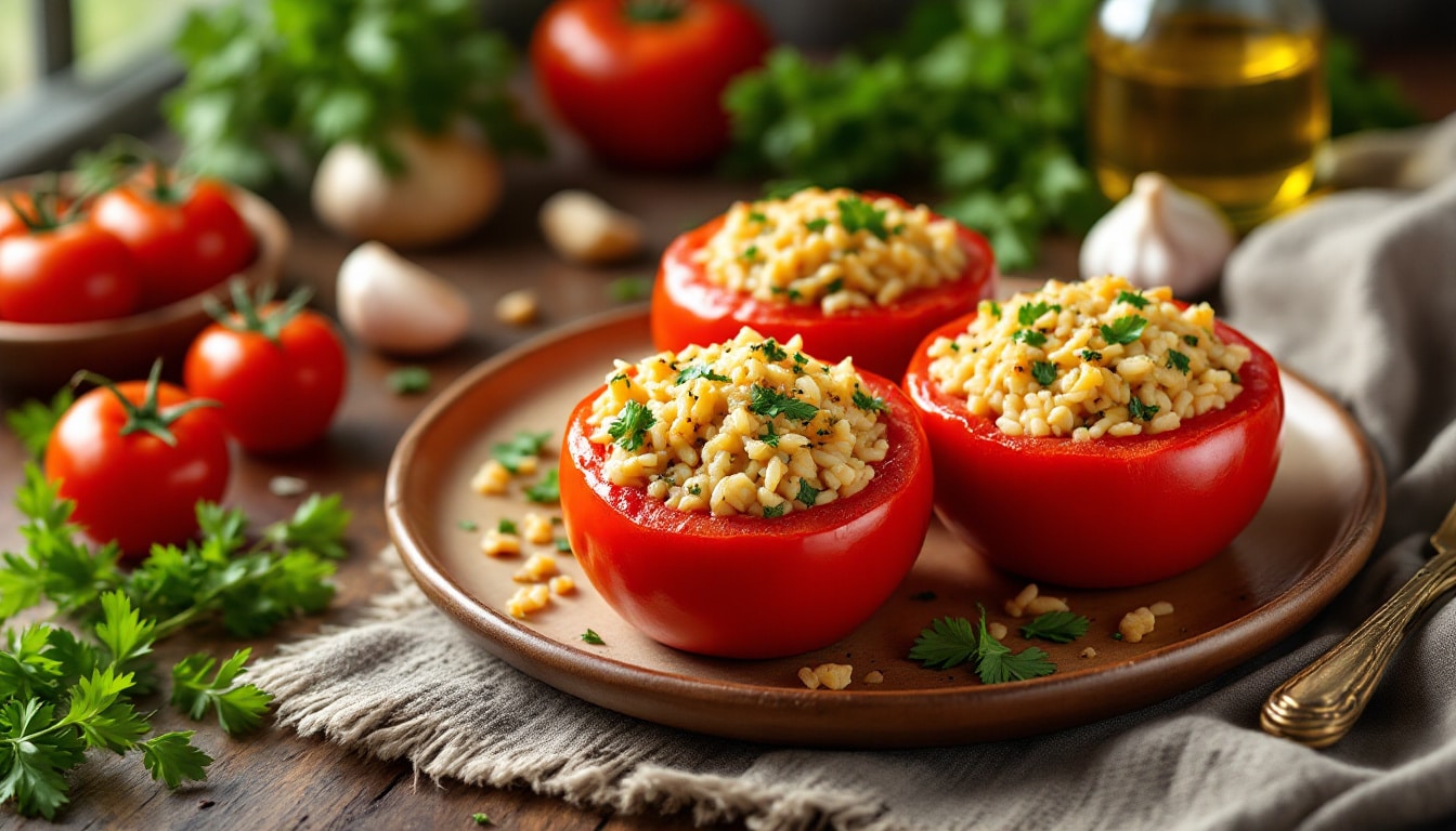 découvrez la recette de tomates farcies de grand-mère, simple et savoureuse, accompagnée de riz. un plat traditionnel facile à préparer qui ravira toute la famille.