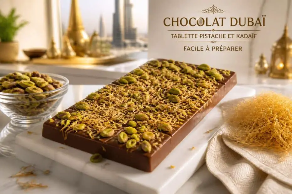 découvrez notre recette facile de tablette chocolat pistache et kadaïf inspirée de dubaï, pour un dessert gourmand et original à préparer en un rien de temps.