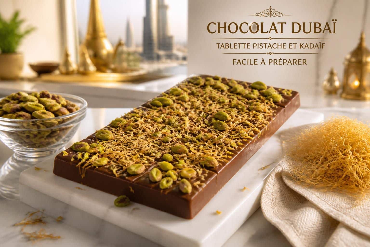 découvrez notre recette facile de tablette chocolat pistache et kadaïf inspirée de dubaï, pour un dessert gourmand et original à préparer en un rien de temps.