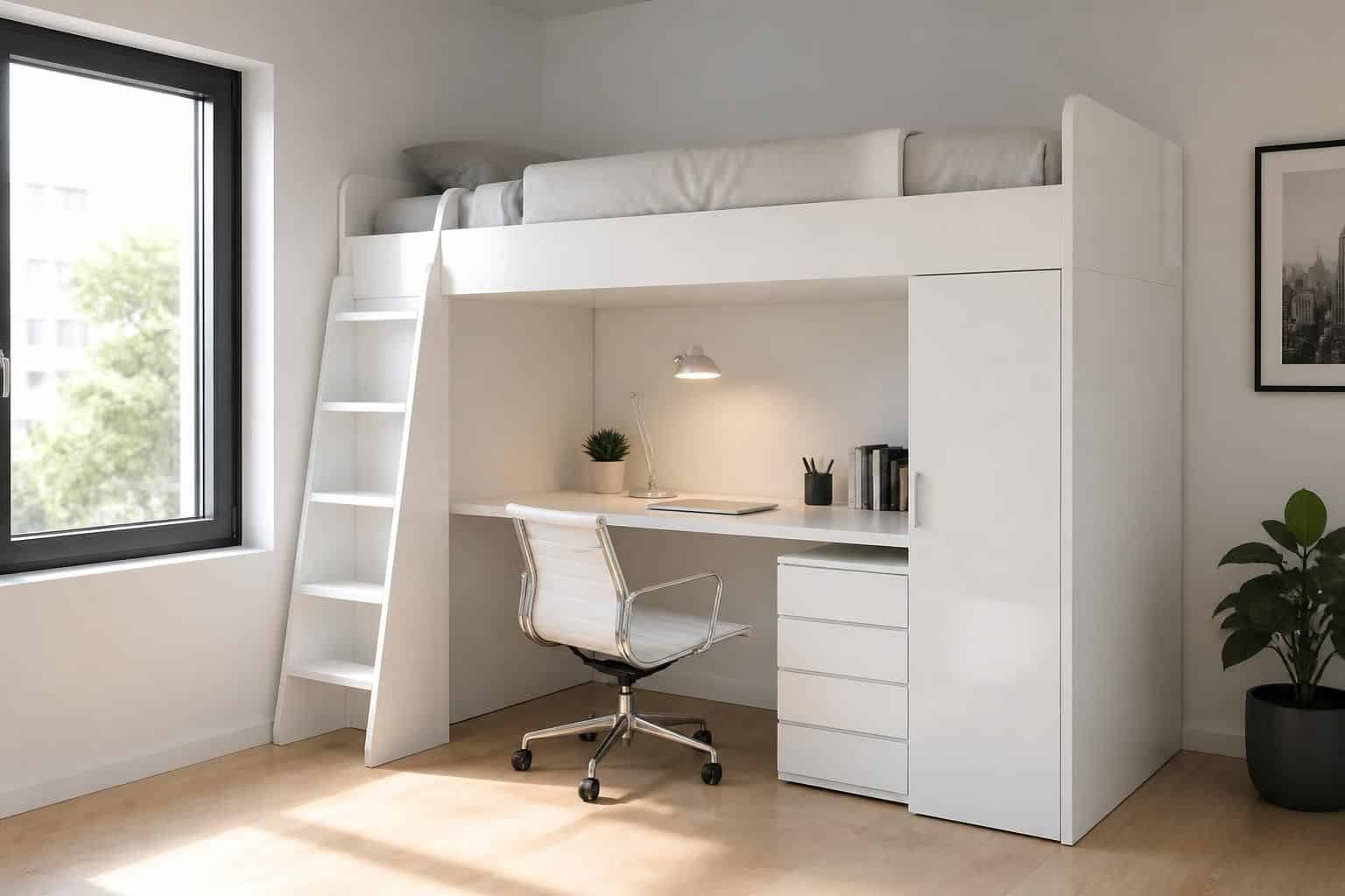 découvrez le lit mezzanine blanc avec bureau intégré, idéal pour optimiser l'espace et gagner de la place dans toutes les chambres.
