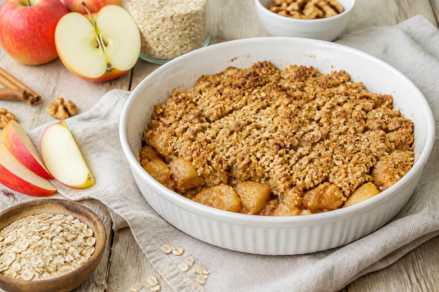 découvrez notre recette de crumble healthy aux pommes, sans sucre ni beurre, simple et rapide à préparer pour un dessert léger et savoureux.