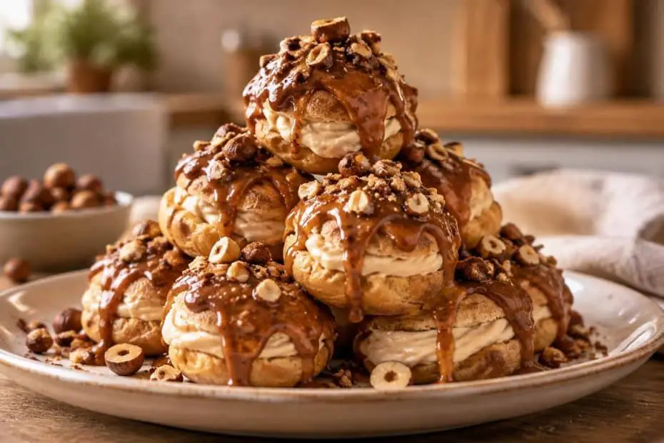découvrez une recette facile et gourmande de profiteroles pralinées, garnies d’une crème onctueuse et nappées d’un délicieux chocolat.
