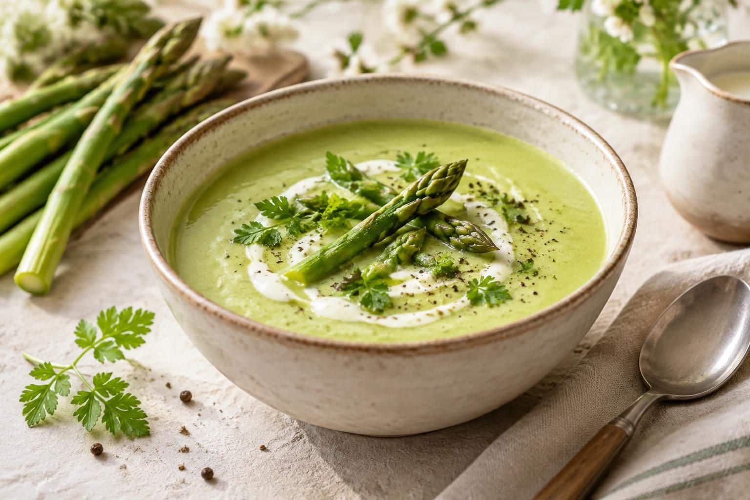 découvrez un velouté d’asperges facile et crémeux, idéal pour savourer les beaux jours avec une recette printanière gourmande et réconfortante.