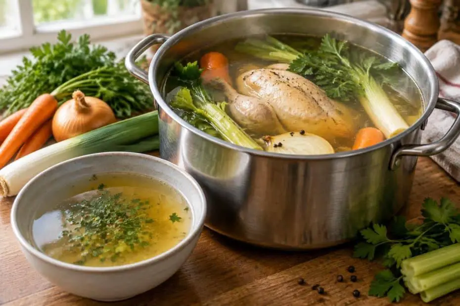 préparez un bouillon de poule maison facile et naturel, idéal pour réchauffer vos plats et profiter d’une recette savoureuse, sans ingrédients superflus.