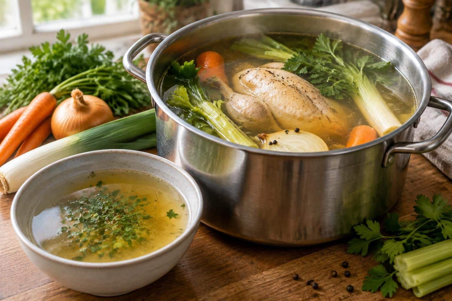 préparez un bouillon de poule maison facile et naturel, idéal pour réchauffer vos plats et profiter d’une recette savoureuse, sans ingrédients superflus.
