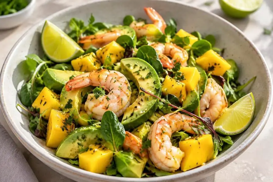 découvrez une salade fraîche et facile à préparer, mêlant mangue sucrée, avocat fondant et crevettes savoureuses. idéale pour un repas léger.