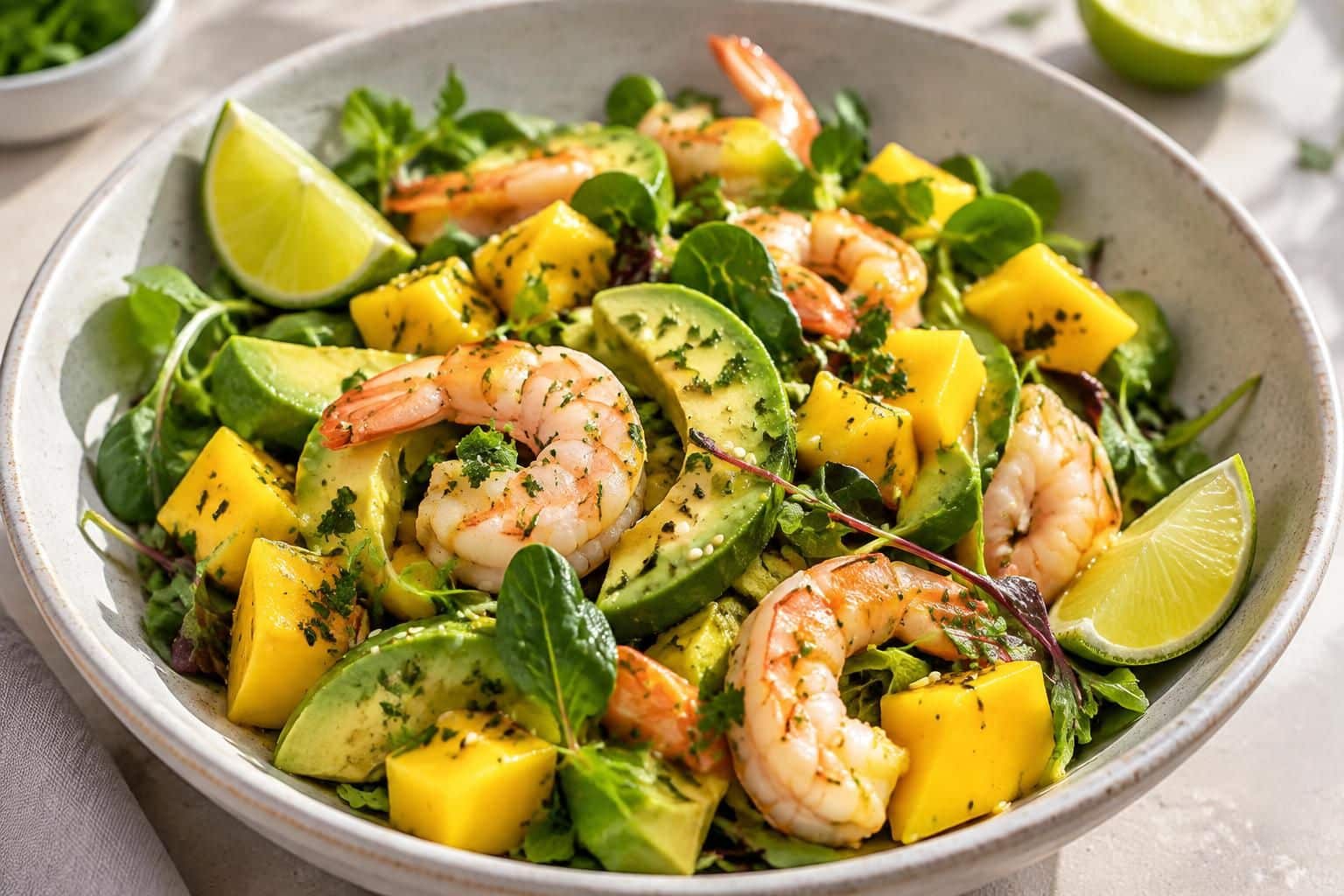 découvrez une salade fraîche et facile à préparer, mêlant mangue sucrée, avocat fondant et crevettes savoureuses. idéale pour un repas léger.